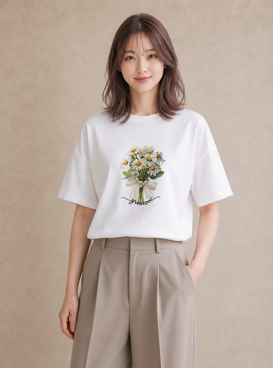 Tシャツ レディース マーガレット 花 花柄 イラスト きれいめ ギフト 母の日 白T