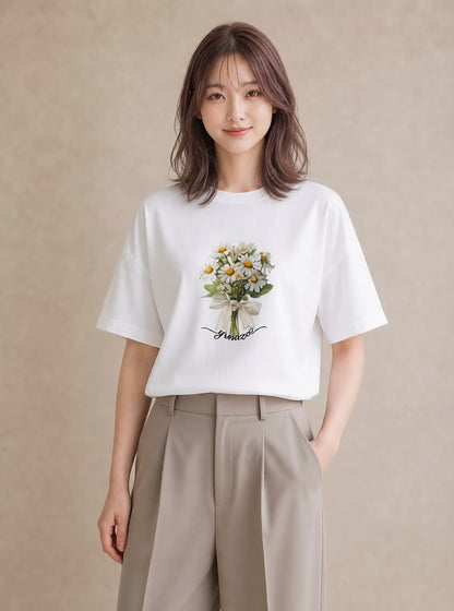 Tシャツ レディース マーガレット 花 花柄 イラスト きれいめ ギフト 母の日 白T