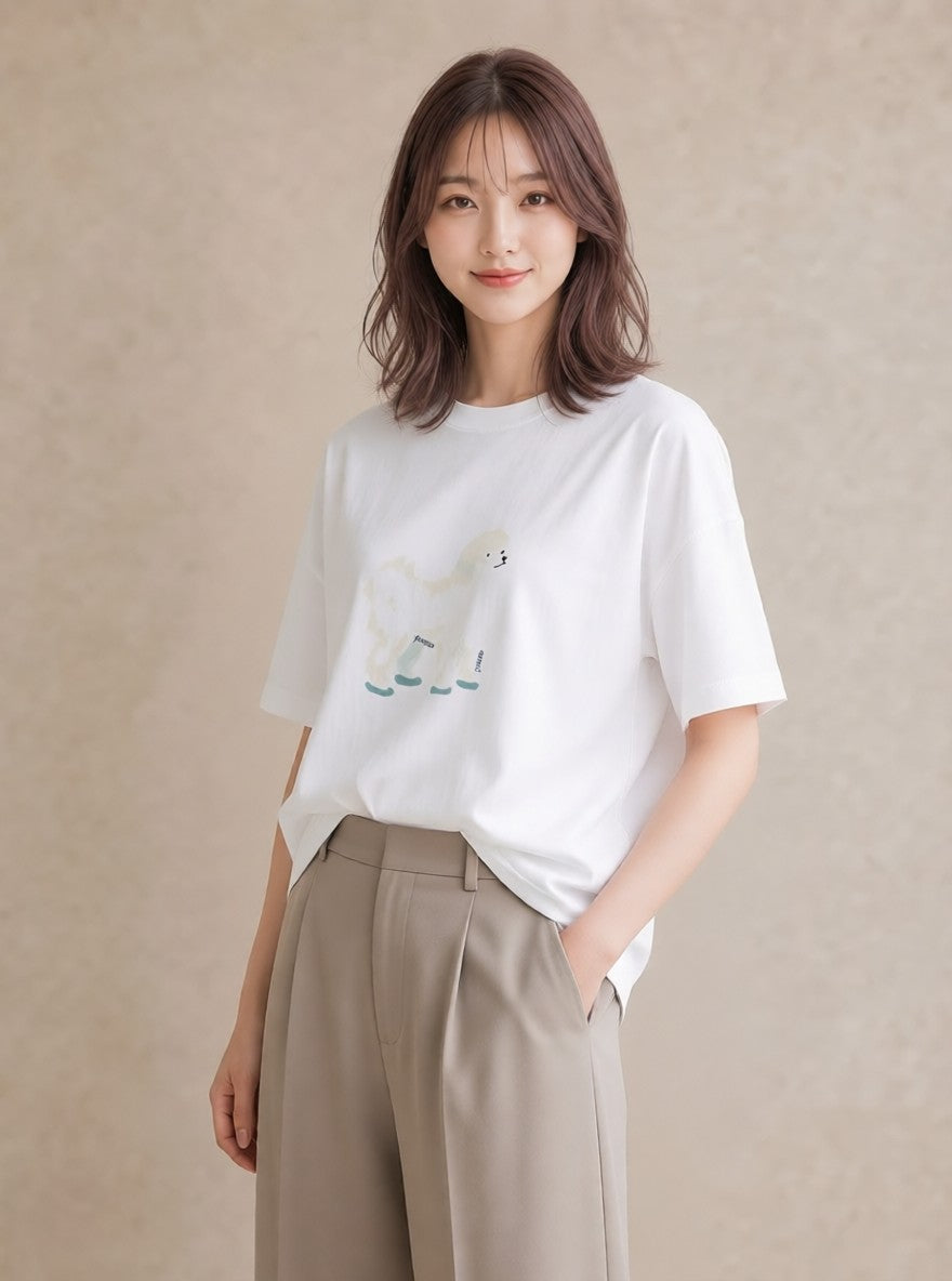 グラフィックTシャツ レディース ビションフリーゼ 犬 いぬ イラスト きれいめ 20代 カジュアルコーデ 白T