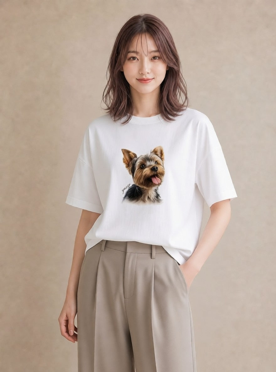 グラフィックTシャツ レディース ヨークシャーテリア 犬 いぬ イラスト 韓国風 誕生日プレゼント 綿100 白T