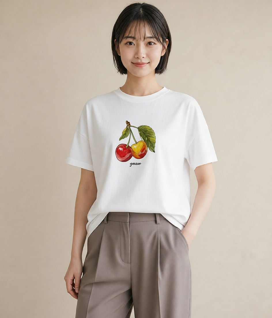 グラフィックTシャツ レディース さくらんぼ チェリー 食べ物 フード イラスト カフェ巡り 女子会 白T