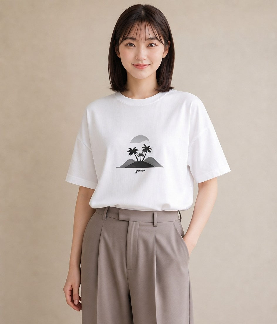 半袖Tシャツ レディース 海 リゾート 夏 イラスト 水彩風 カフェ服 クリスマス 白T