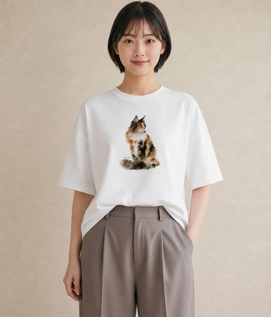 プリントTシャツ レディース サビ猫 猫 ねこ イラスト カフェコーデ 帰省 ラフ 白T