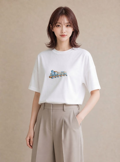 グラフィックTシャツ レディース 駅のホーム ローカル線 駅 ナチュラル アンティーク イラスト ラフ 公園 ママ 白T
