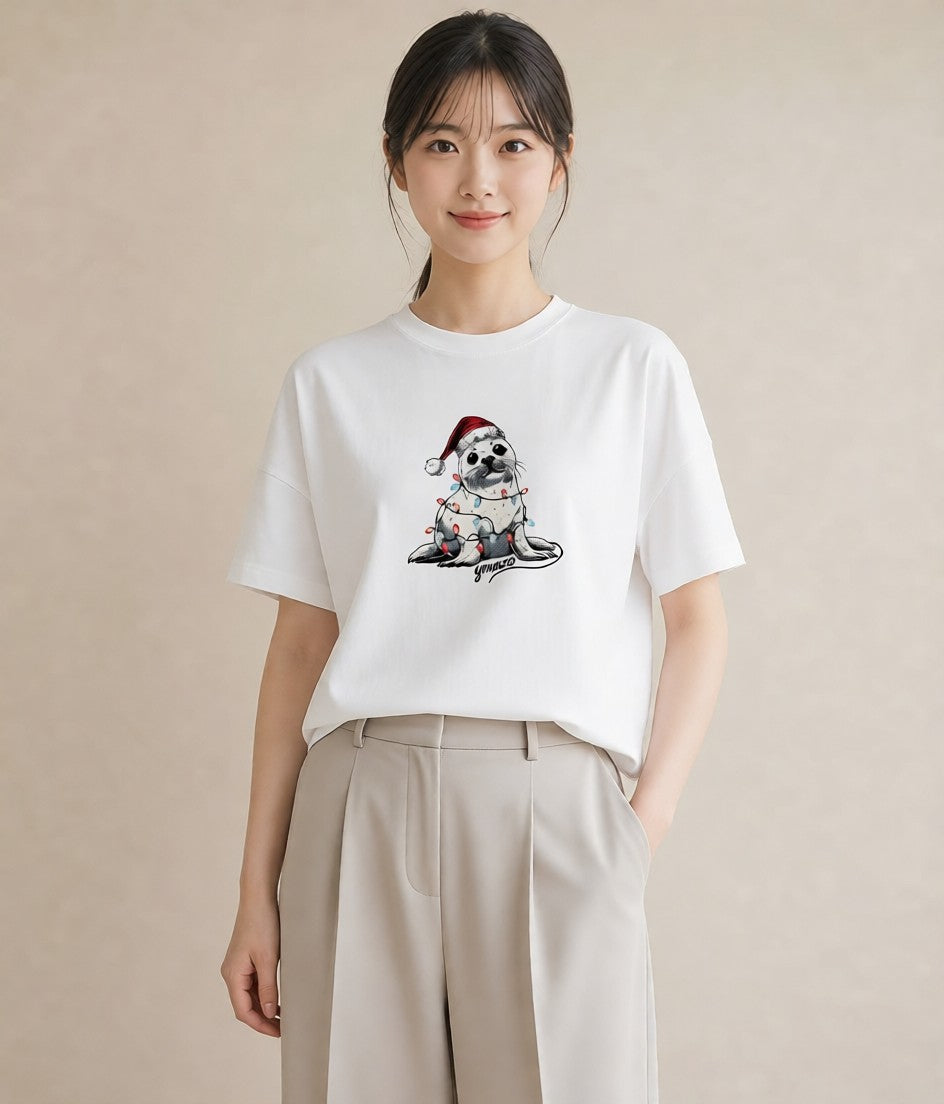 Tシャツ レディース ゴマフアザラシ 動物 アニマル イラスト シンプル デイリーウェア 休日 白T