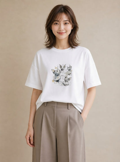 プリントTシャツ レディース シャム柄 猫 ねこ イラスト 線画 女性向けギフト 散歩 白T