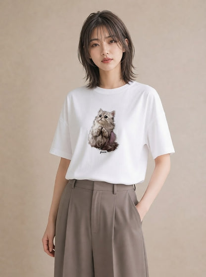 半袖Tシャツ レディース おすわり猫 猫 ねこ イラスト 手描き風 レイヤード 友達ギフト 白T