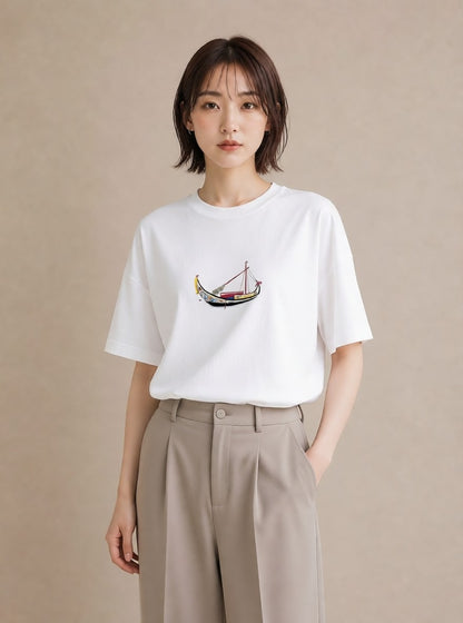 グラフィックTシャツ レディース 桟橋 水辺 波止場 ナチュラル アンティーク イラスト 買い物 夏コーデ 白T