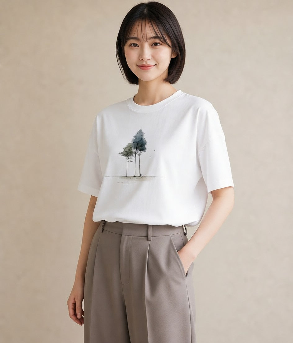 グラフィックTシャツ レディース 雨上がりの小道 雨上がり 小道 ナチュラル アンティーク イラスト ゆるかわ カジュアルコーデ 買い物 白T