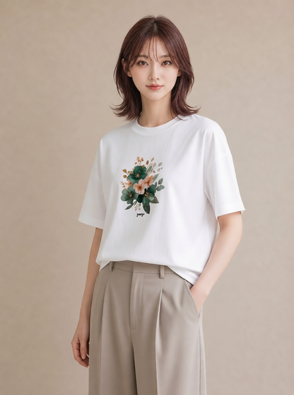 Tシャツ レディース 花 花柄 イラスト 韓国風 春コーデ 姉妹 白T
