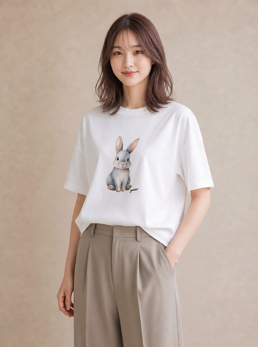 グラフィックTシャツ レディース ライオンラビット ペット 動物 イラスト ニュアンス カフェ巡り 女子会 白T