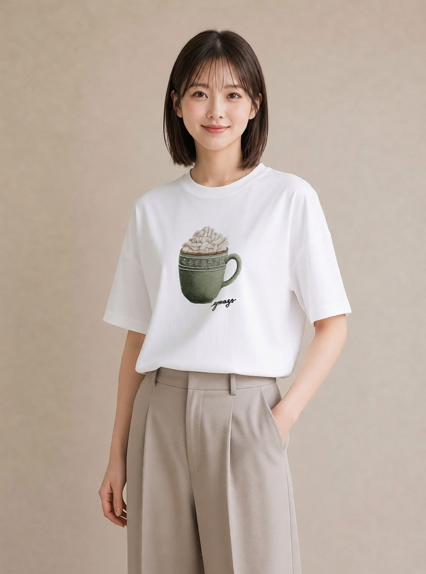 グラフィックTシャツ レディース ココア 食べ物 フード イラスト ミニマル 休日 ペアコーデ 白T