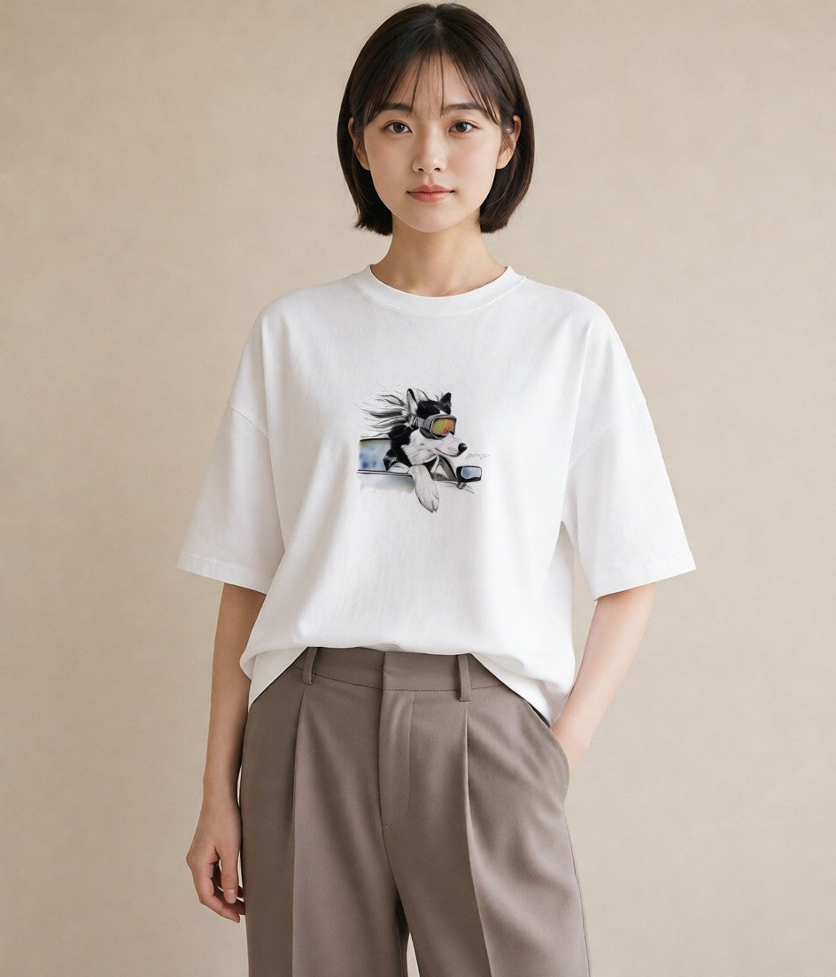デザインTシャツ レディース シベリアンハスキー 犬 いぬ イラスト 旅行コーデ 通学 誕生日プレゼント 白T
