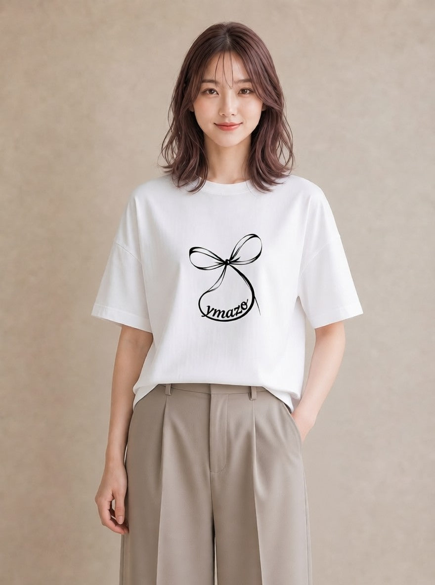 グラフィックTシャツ レディース リボン 蝶結び ナチュラル アンティーク イラスト 線画 綿100 デート 白T