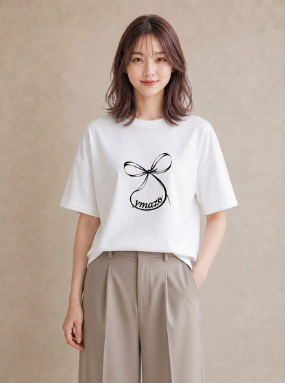 グラフィックTシャツ レディース リボン 蝶結び ナチュラル アンティーク イラスト 線画 綿100 デート 白T