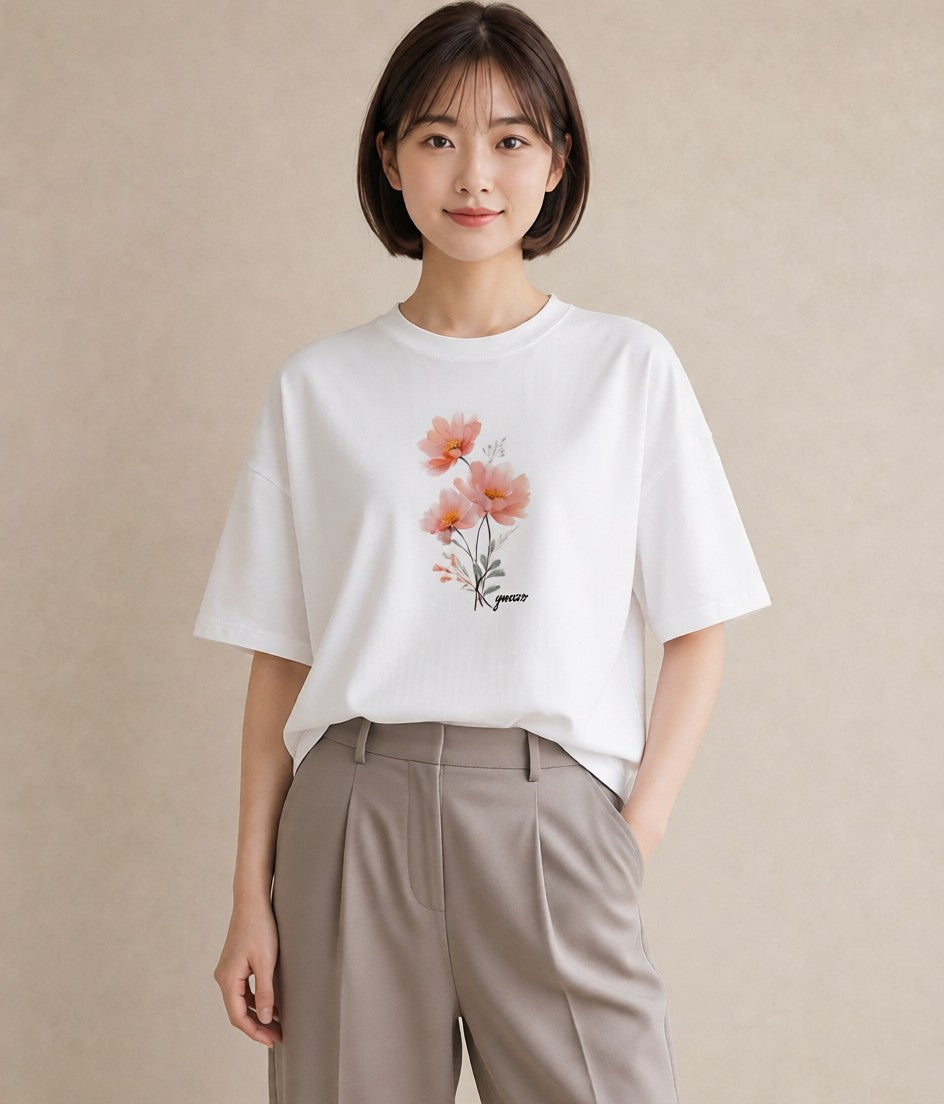 グラフィックTシャツ レディース ポスト 野の花 レトロ ナチュラル アンティーク イラスト こなれ感 通勤 在宅 白T