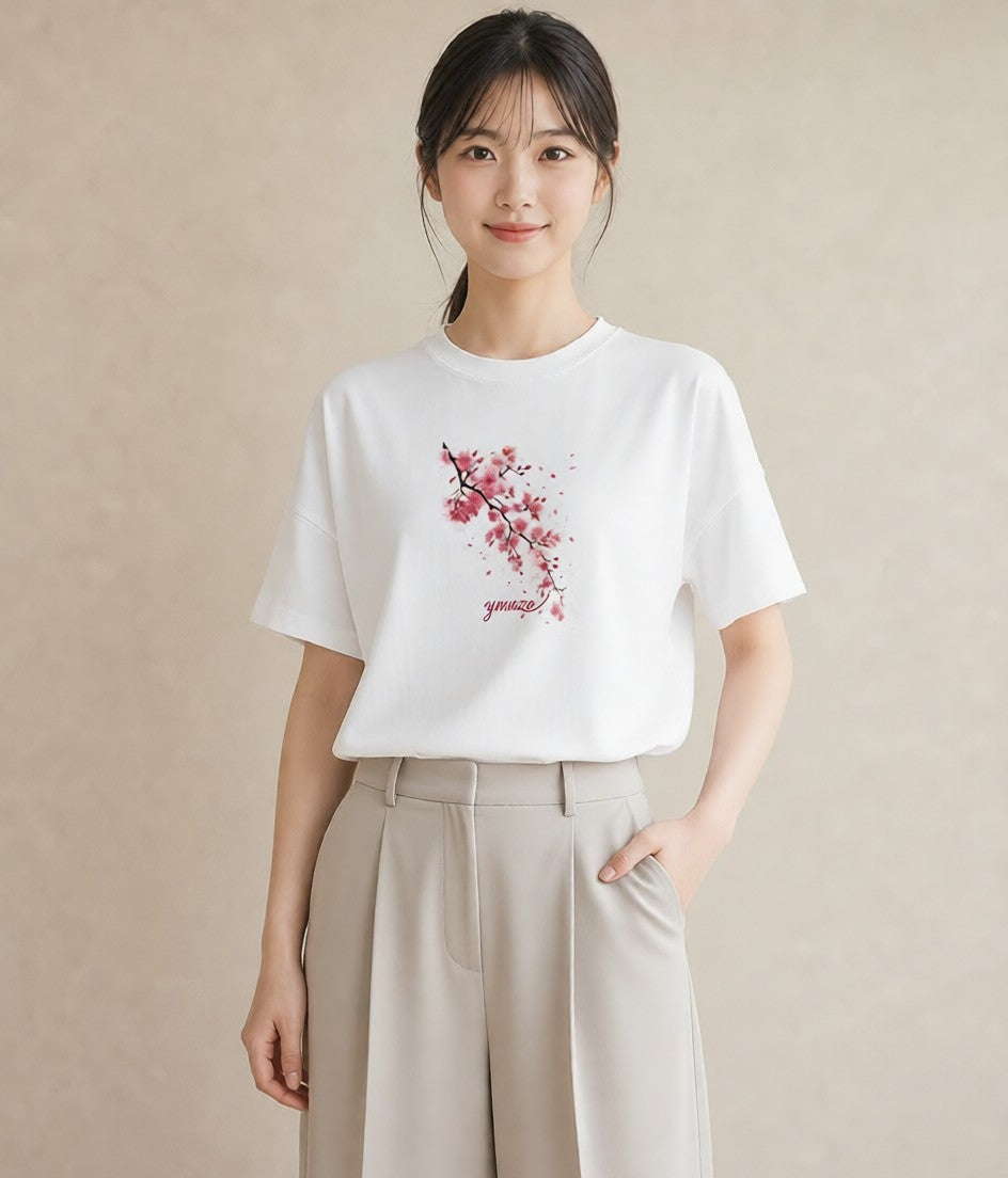 グラフィックTシャツ レディース さくら 桜 サクラ 花 花柄 イラスト カフェコーデ カジュアルコーデ 買い物 白T
