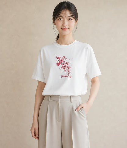 グラフィックTシャツ レディース さくら 桜 サクラ 花 花柄 イラスト カフェコーデ カジュアルコーデ 買い物 白T
