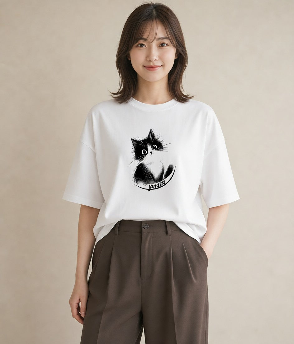 グラフィックTシャツ レディース 靴下猫 猫 ねこ イラスト ボタニカル お出かけ 普段着 白T