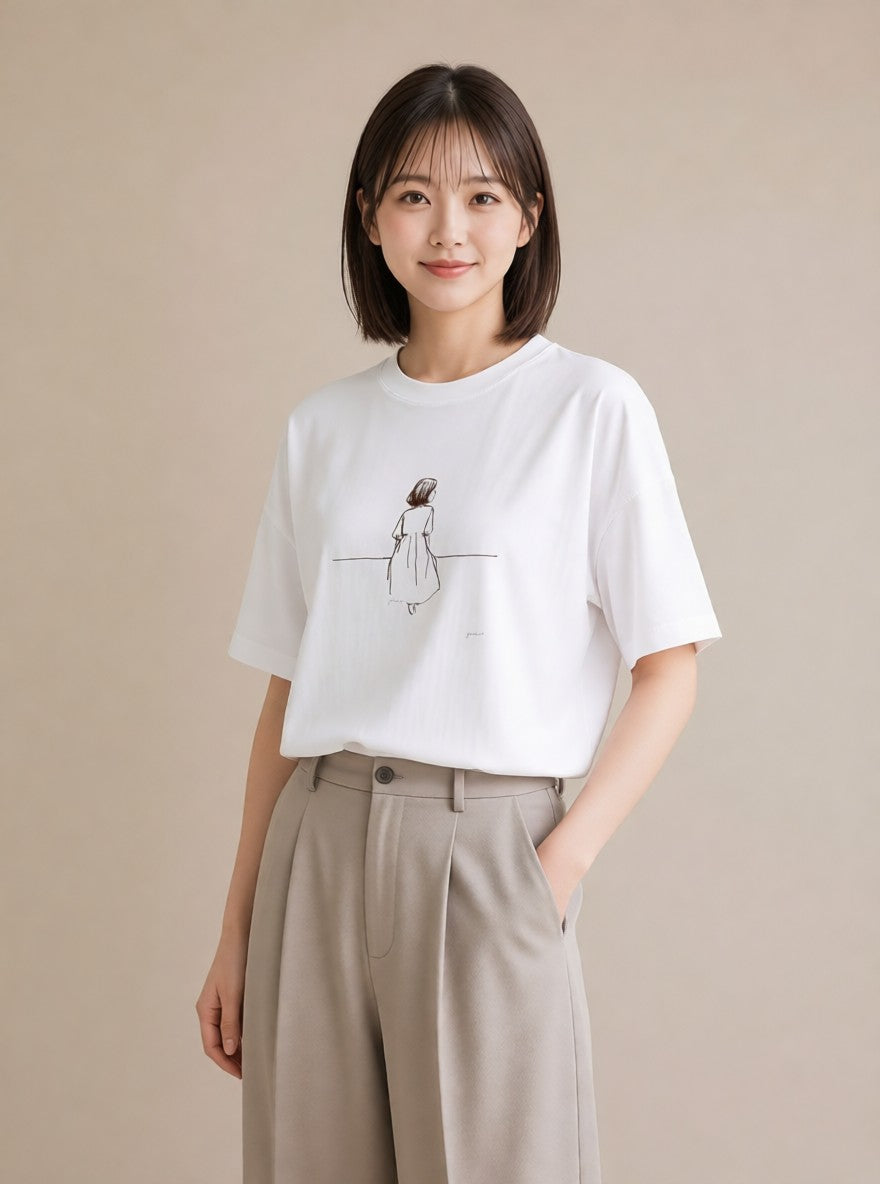 デザインTシャツ レディース 女の子 ガール 後ろ姿 イラスト 個性的 散歩 お出かけ 白T