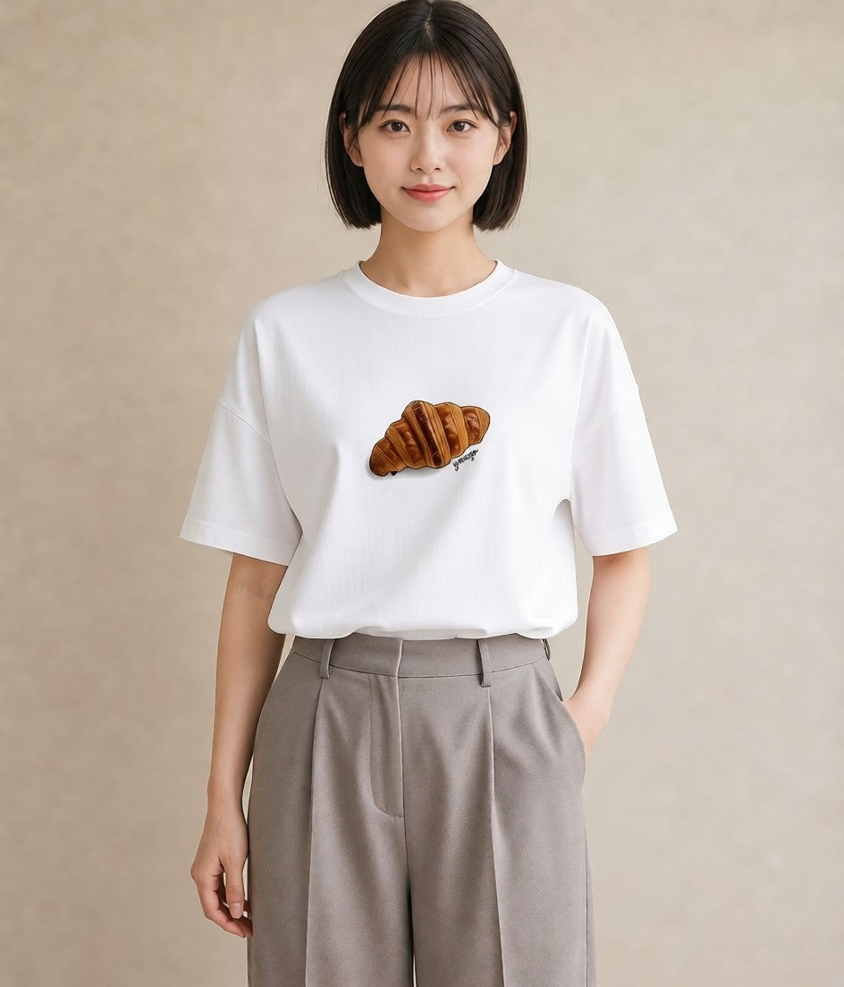 グラフィックTシャツ レディース クロワッサン 食べ物 フード イラスト シック 春服 ミセス 白T