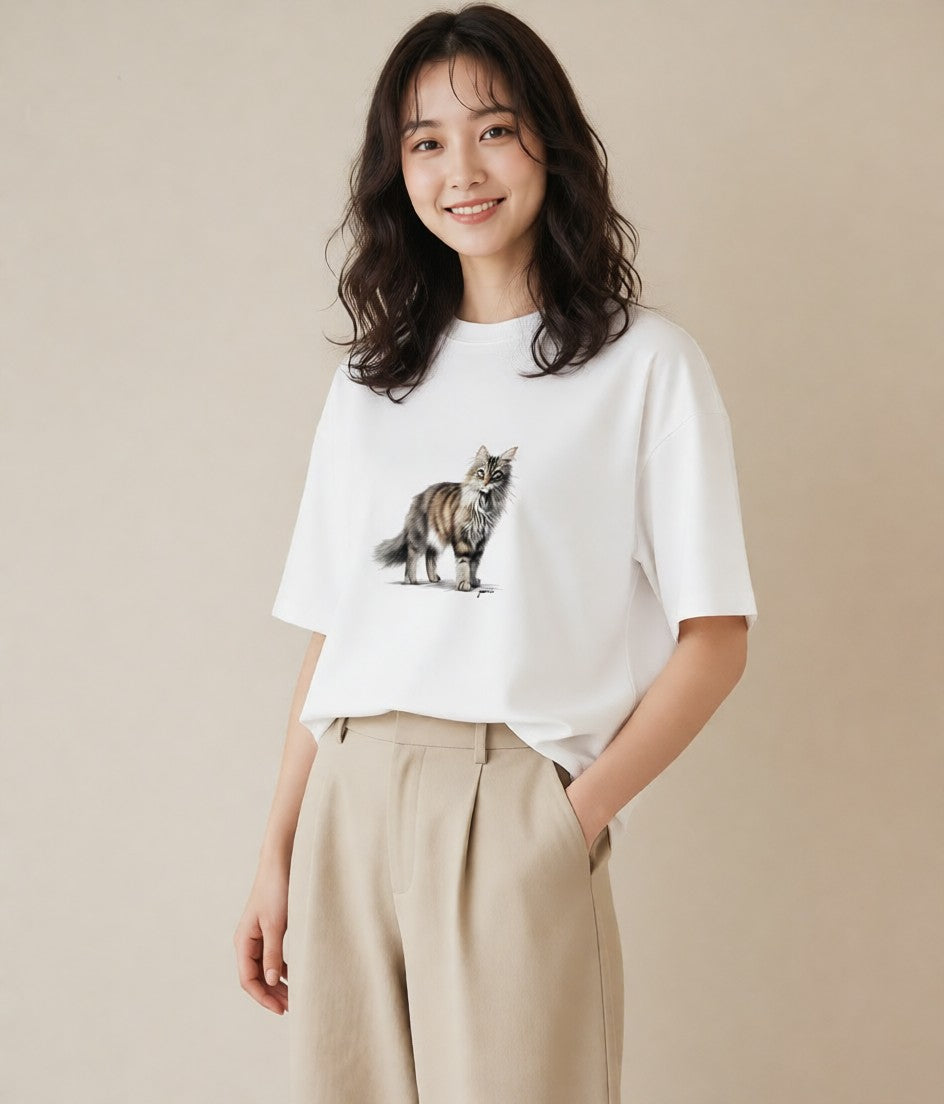 グラフィックTシャツ レディース メインクーン 猫 ねこ イラスト 秋コーデ おしゃれギフト 白T