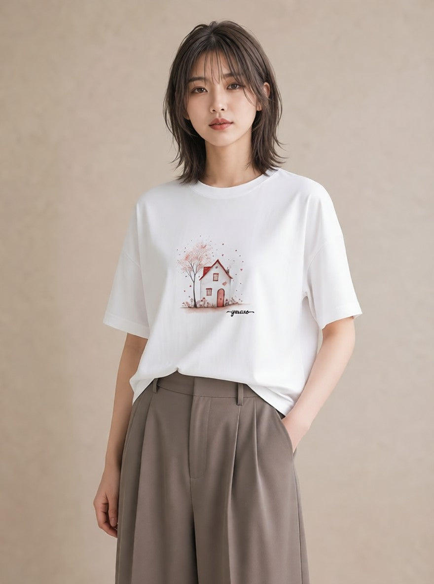 半袖Tシャツ レディース 遠い家と鳥 風景 鳥 ナチュラル アンティーク イラスト ヴィンテージ風 レイヤード 友達ギフト 白T