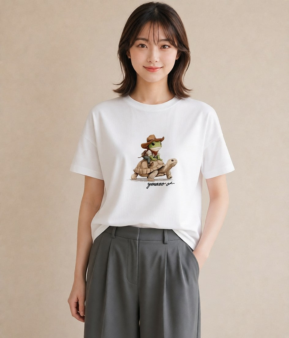 Tシャツ レディース ゼニガメ ペット 動物 イラスト フェミニン 夏コーデ 通学 白T