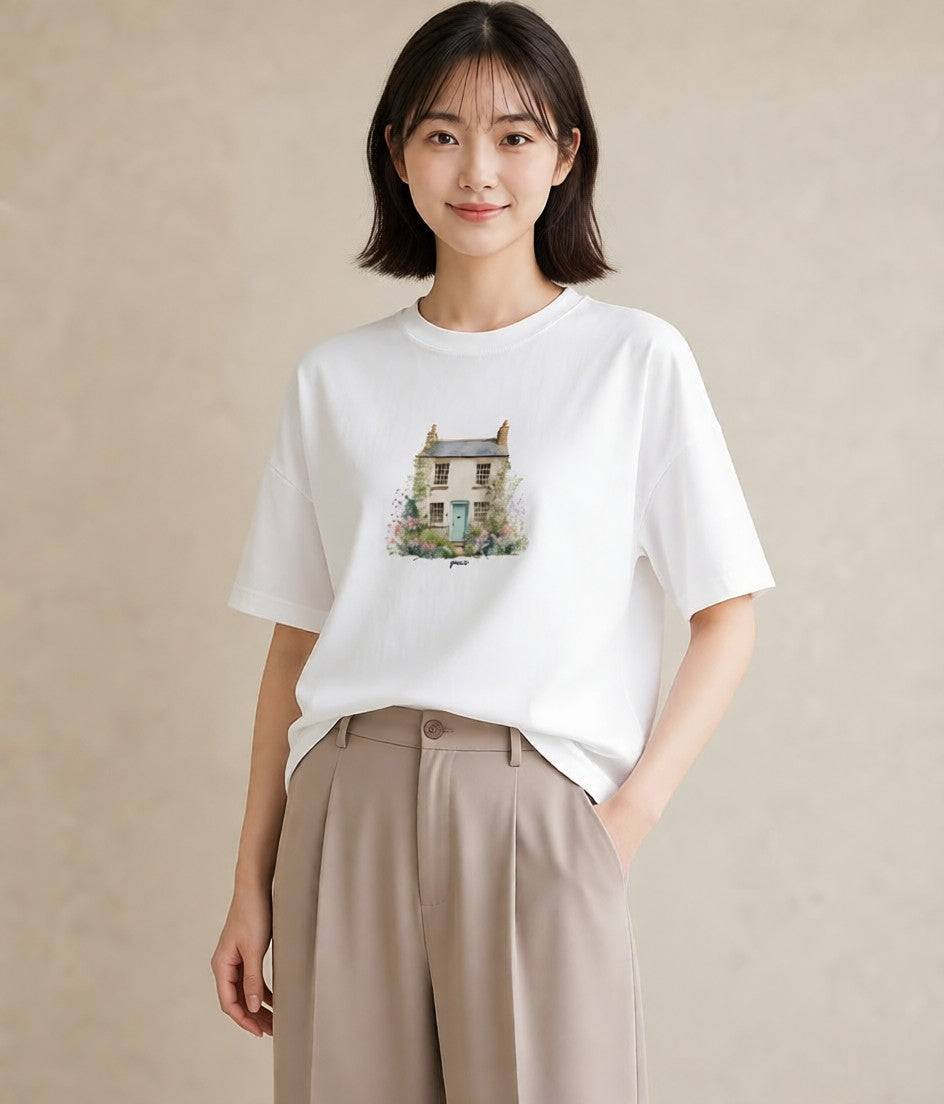 プリントTシャツ レディース 灯りの家 小屋 夜 ナチュラル アンティーク イラスト 普段使い 姉妹 送別ギフト 白T