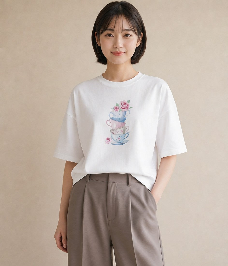 プリントTシャツ レディース ハーブティー 食べ物 フード イラスト ニュアンス 休日 ペアコーデ 白T
