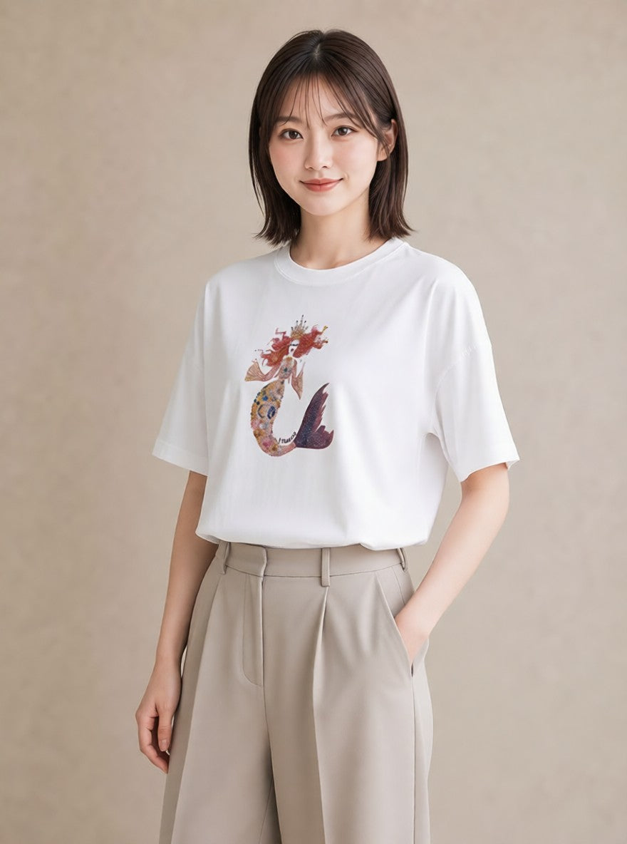 Tシャツ レディース 人魚 海の生き物 海 イラスト シンプル ミセス 春コーデ 白T