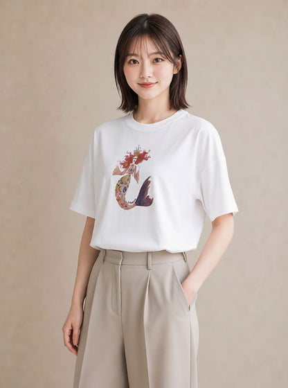 Tシャツ レディース 人魚 海の生き物 海 イラスト シンプル ミセス 春コーデ 白T