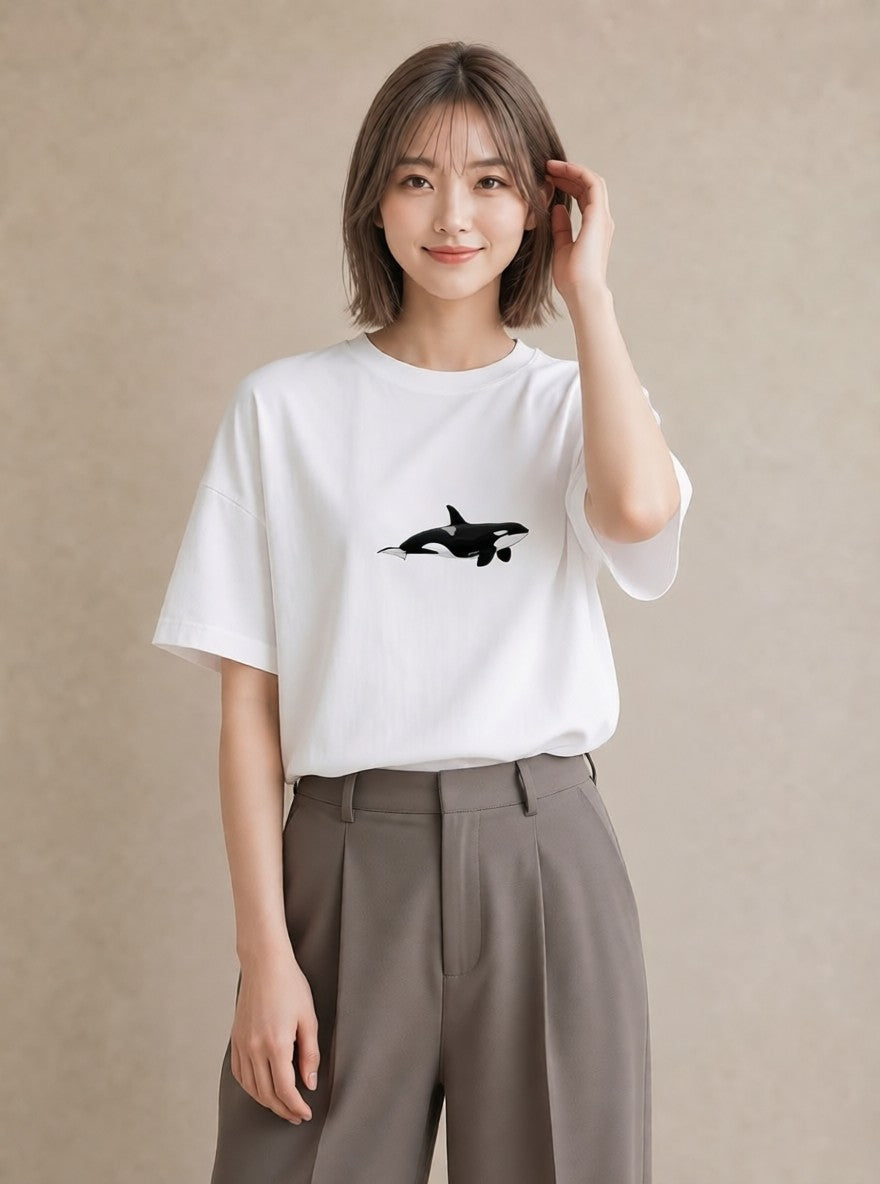 グラフィックTシャツ レディース シャチ 海の生き物 海 イラスト お洒落 普段着 週末コーデ 白T