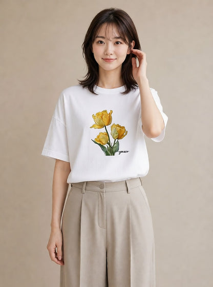 プリントTシャツ レディース チューリップ 花 花柄 イラスト ラフ 女性向けギフト 散歩 白T