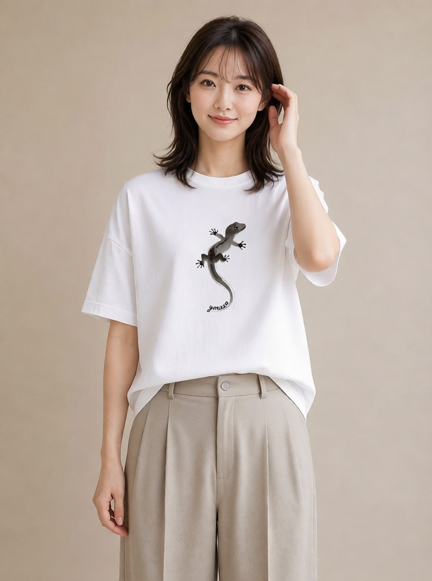 グラフィックTシャツ レディース ヤモリ ペット 動物 イラスト ラフ レイヤード 白T