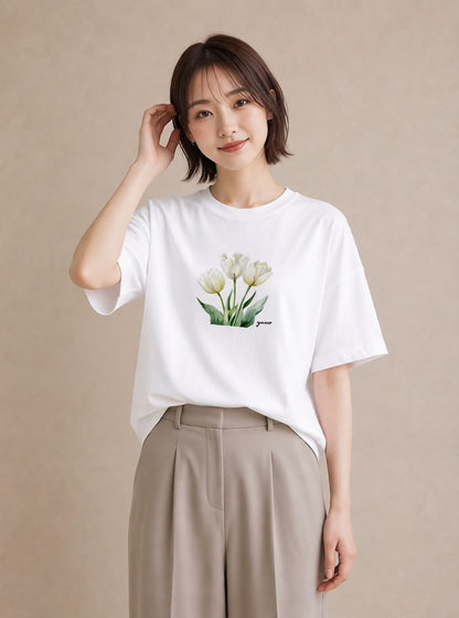 デザインTシャツ レディース チューリップ 花 花柄 イラスト 敬老の日 ホワイトデー 白T