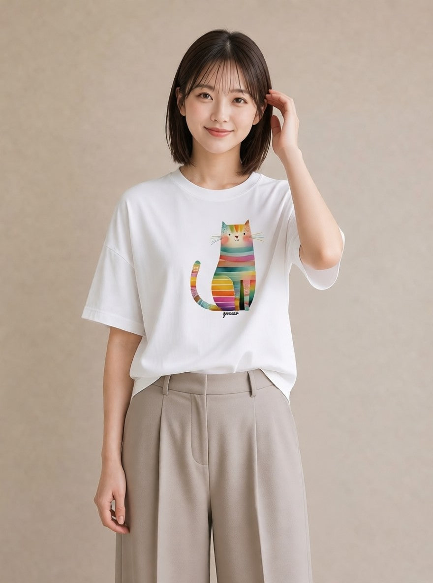 半袖Tシャツ レディース ねこ 猫 ネコ イラスト カフェコーデ 送別ギフト 通勤 白T