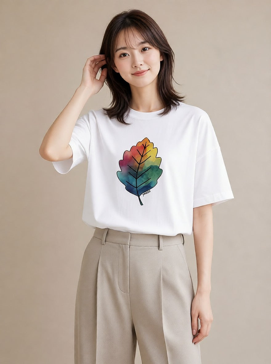グラフィックTシャツ レディース 落ち葉 植物 ボタニカル イラスト 上品 誕生日プレゼント 綿100 白T