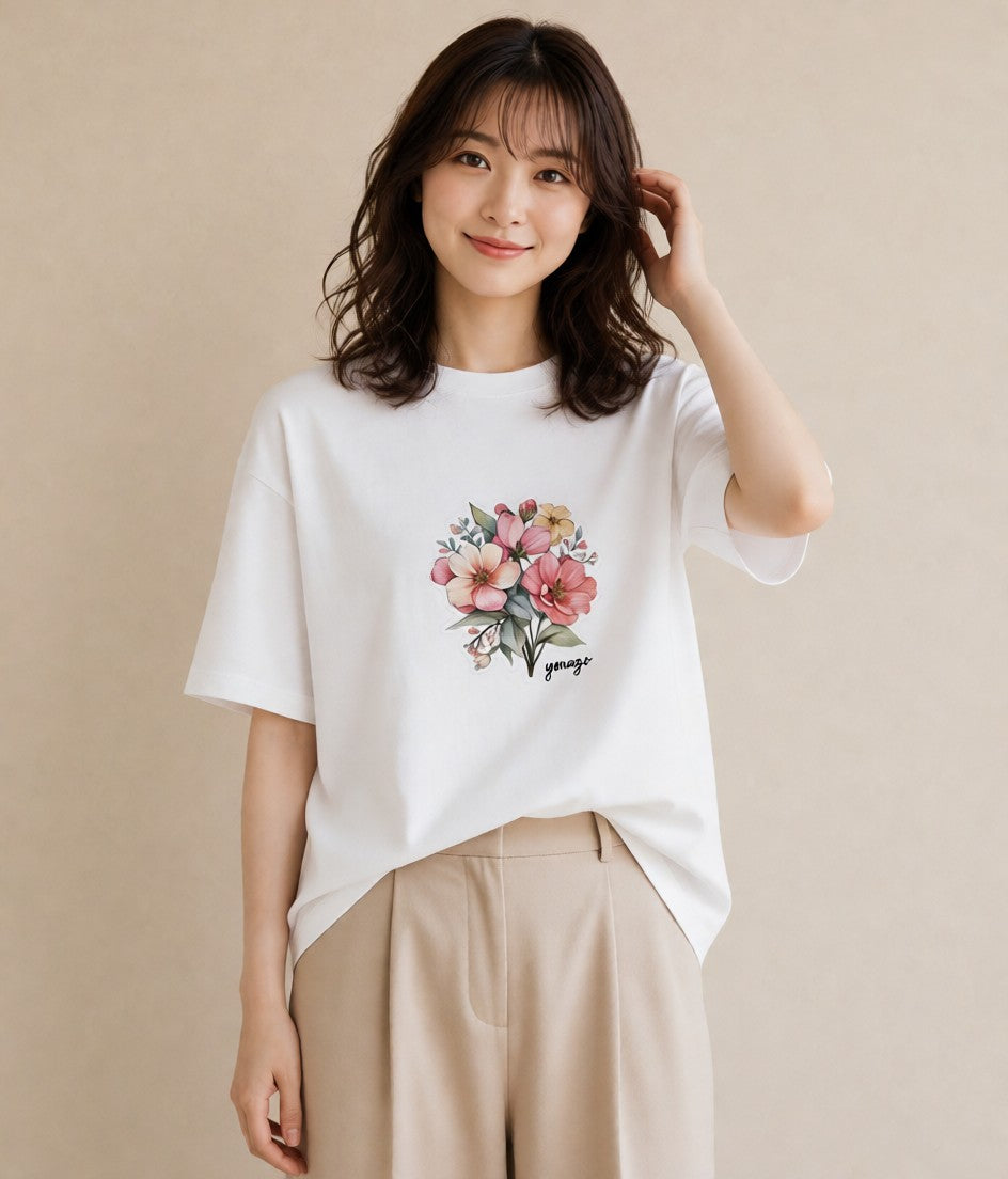 Tシャツ レディース コスモス 秋桜 花 花柄 イラスト ラフカジュアル おしゃれギフト 社会人 白T