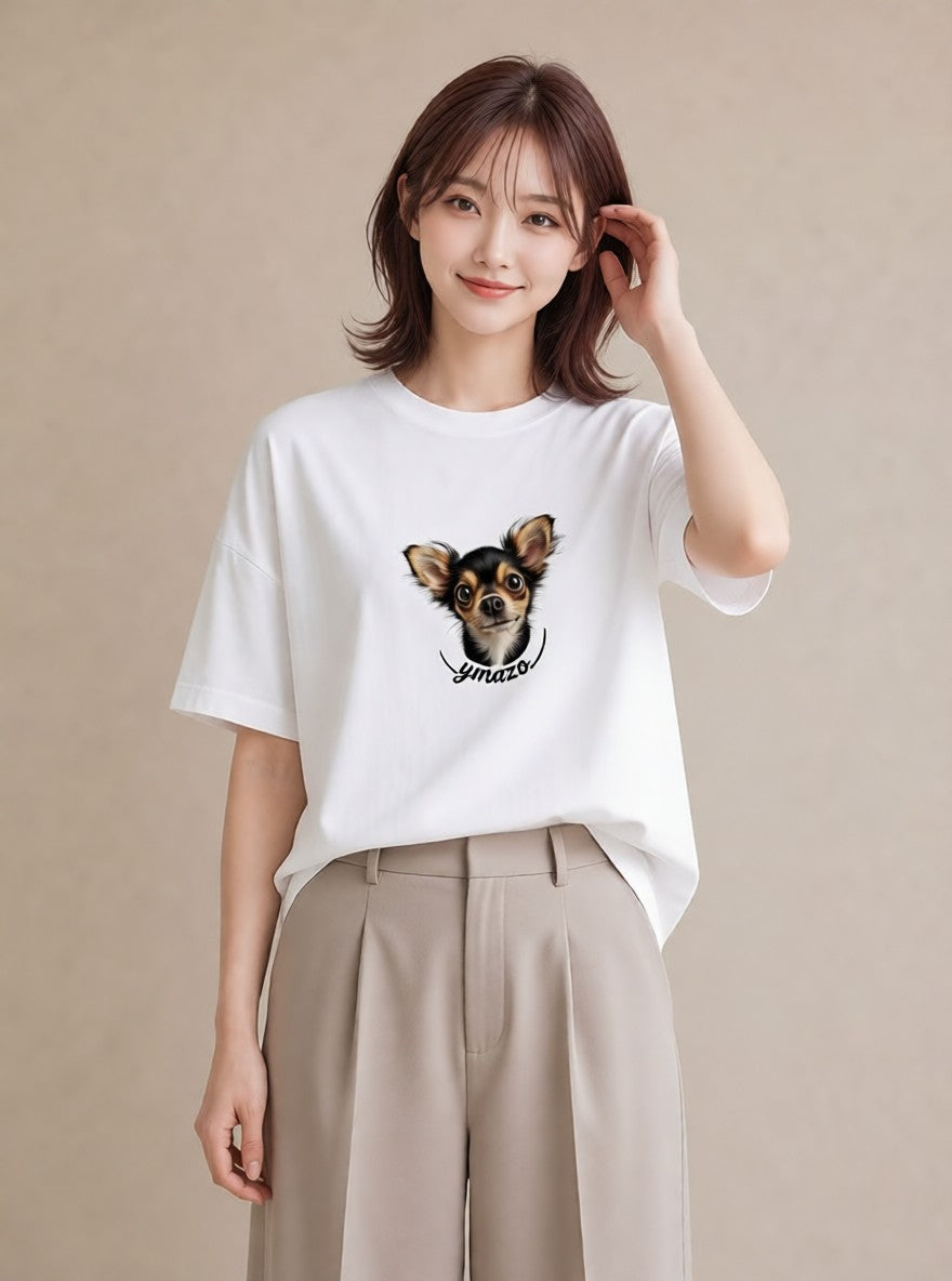 半袖Tシャツ レディース ロングコートチワワ 犬 いぬ イラスト ミニマル 姉妹 送別ギフト 白T