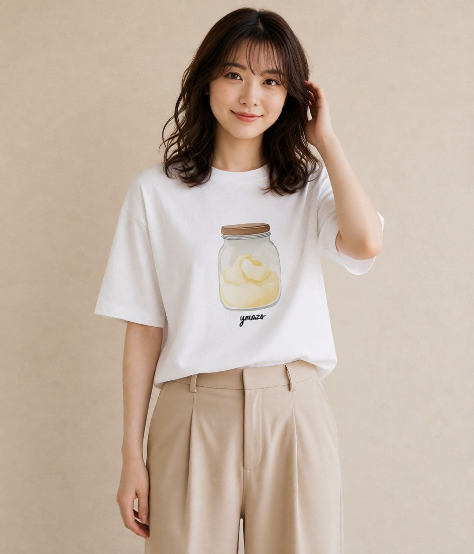 半袖Tシャツ レディース プリン 食べ物 フード イラスト ボタニカル 通学 誕生日プレゼント 白T