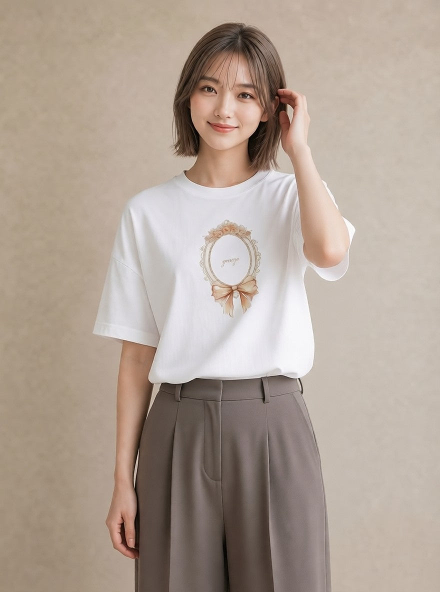 Tシャツ レディース レースハンカチ レース ハンカチ ナチュラル アンティーク イラスト 抜け感 送別ギフト 通勤 白T