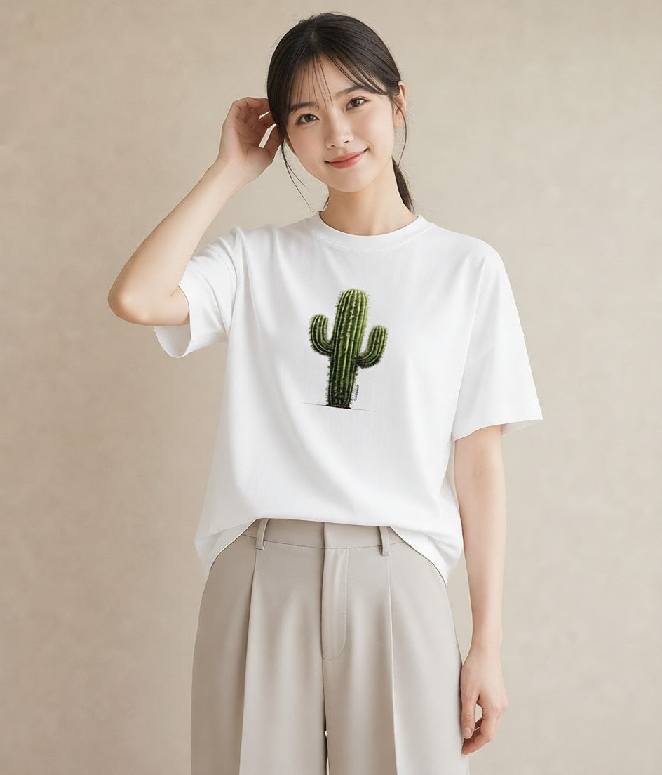 グラフィックTシャツ レディース サボテン 植物 ボタニカル イラスト 個性的 レイヤード 友達ギフト 白T
