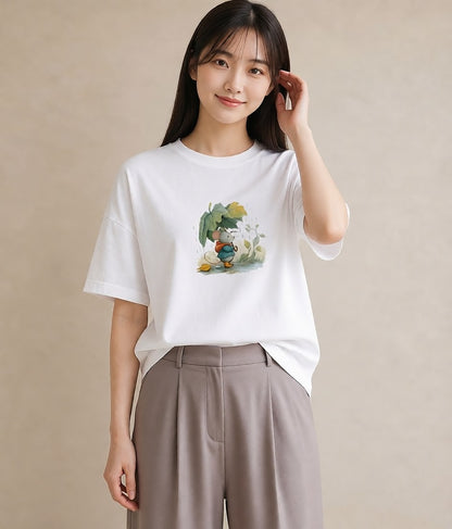 Tシャツ レディース 傘 水たまり 雨 ナチュラル アンティーク イラスト ラフ ホワイトデー 春服 白T