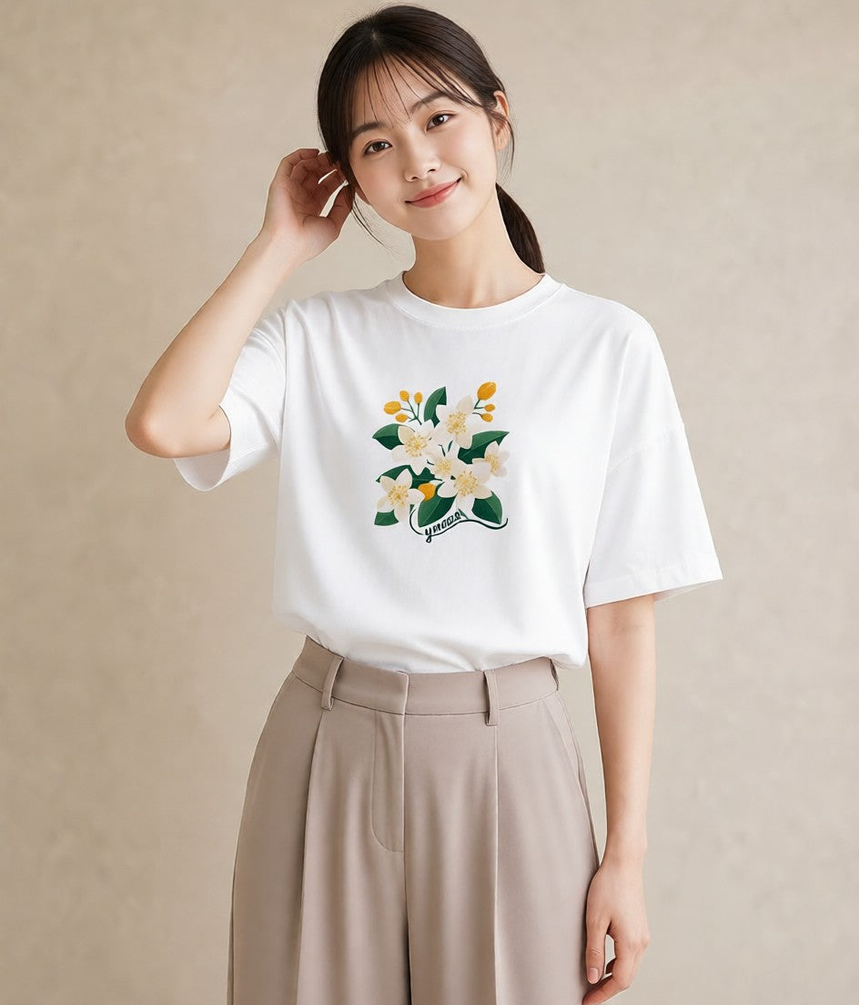 半袖Tシャツ レディース 金木犀 花 花柄 イラスト 線画 旅行 母娘コーデ 白T