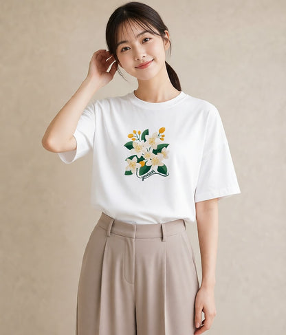 半袖Tシャツ レディース 金木犀 花 花柄 イラスト 線画 旅行 母娘コーデ 白T
