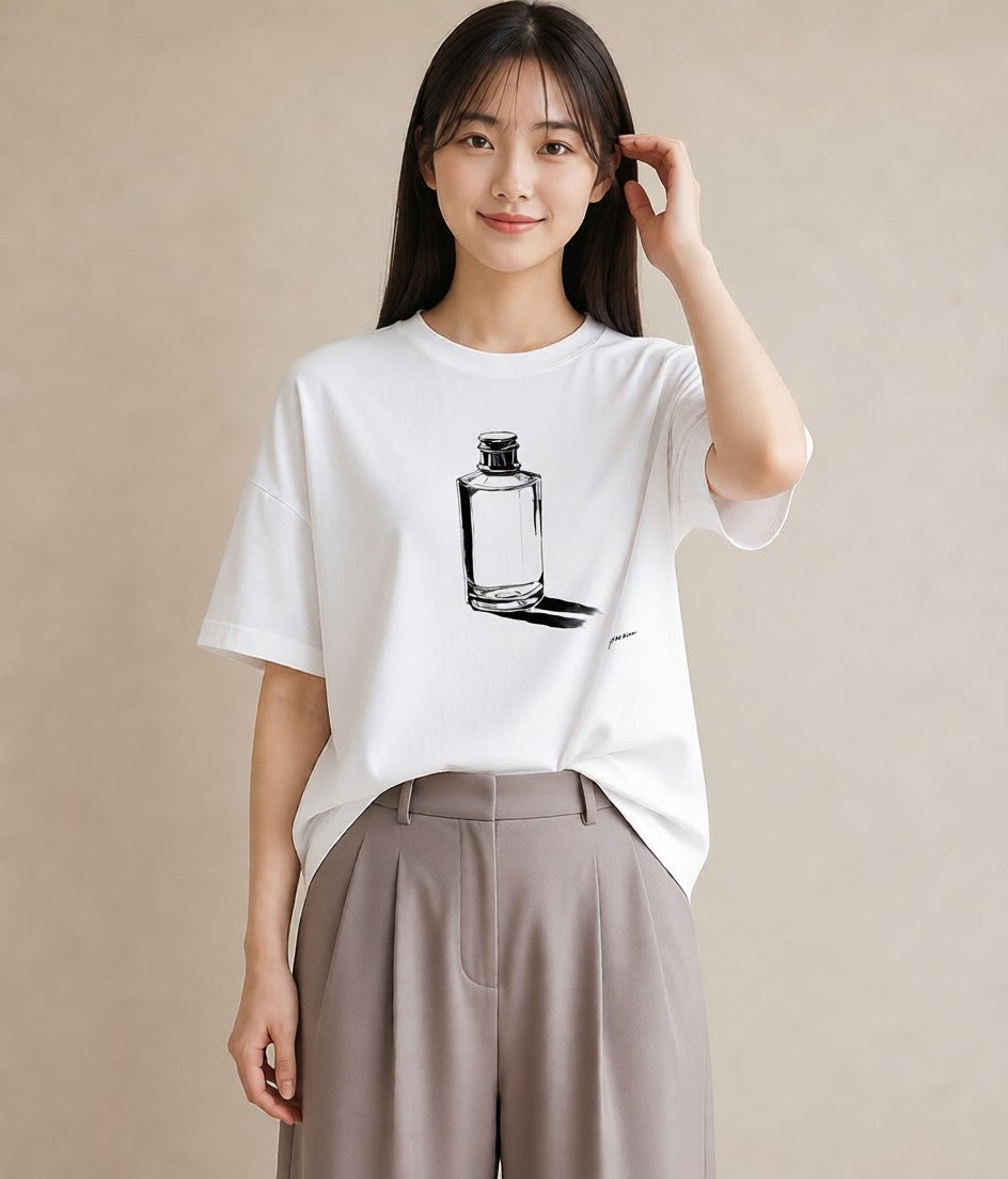 半袖Tシャツ レディース 香水 香水瓶 パフューム イラスト お洒落 綿100 デート 白T