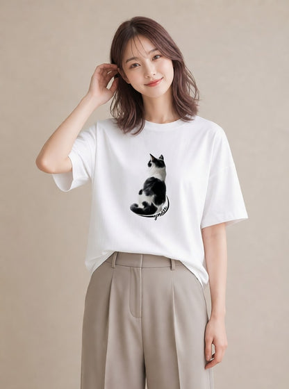 Tシャツ レディース サビ猫 猫 ねこ イラスト アート風 買い物 夏コーデ 白T