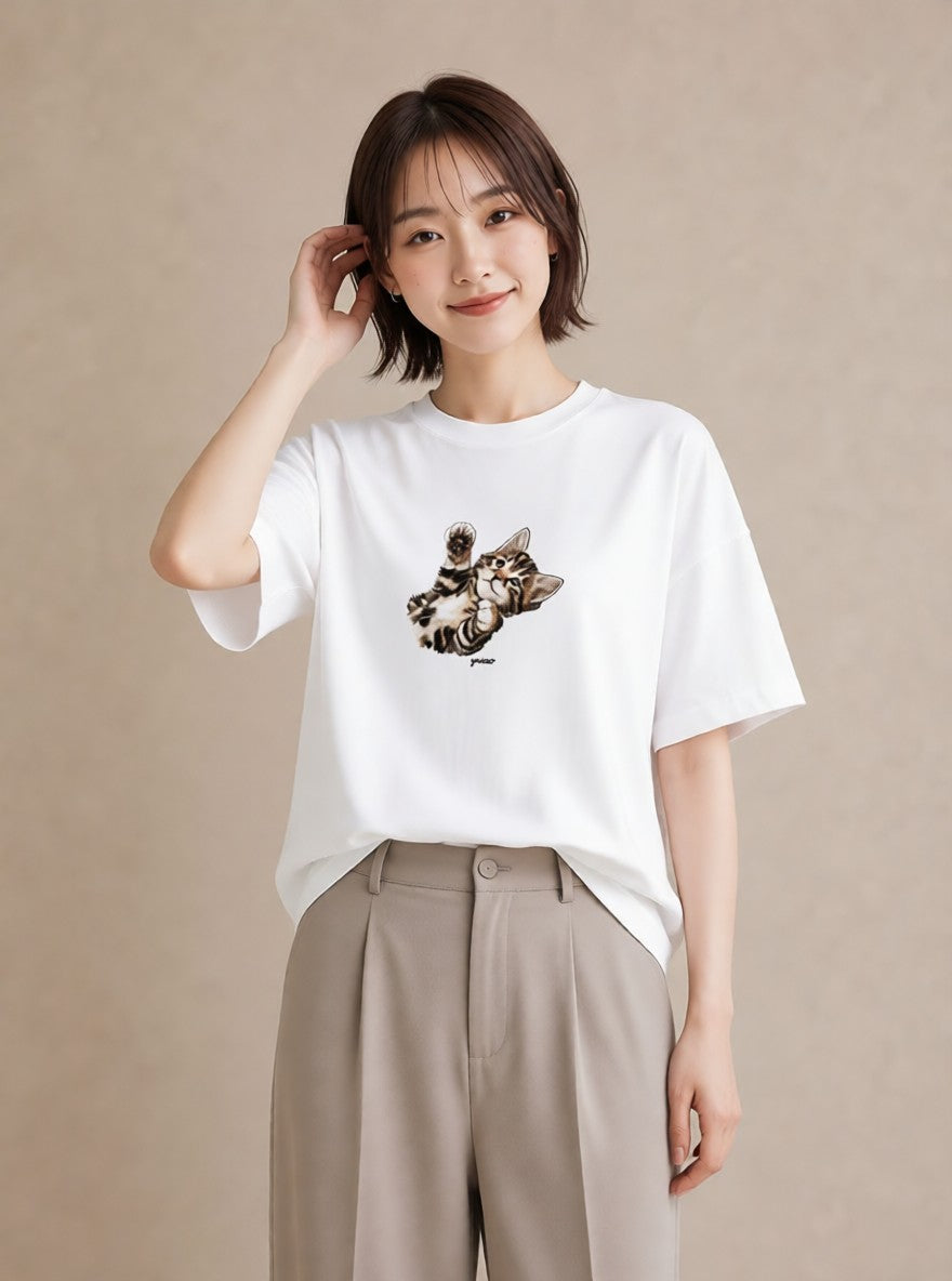 プリントTシャツ レディース ぶち猫 猫 ねこ イラスト ポップ 母娘コーデ 自分用 白T