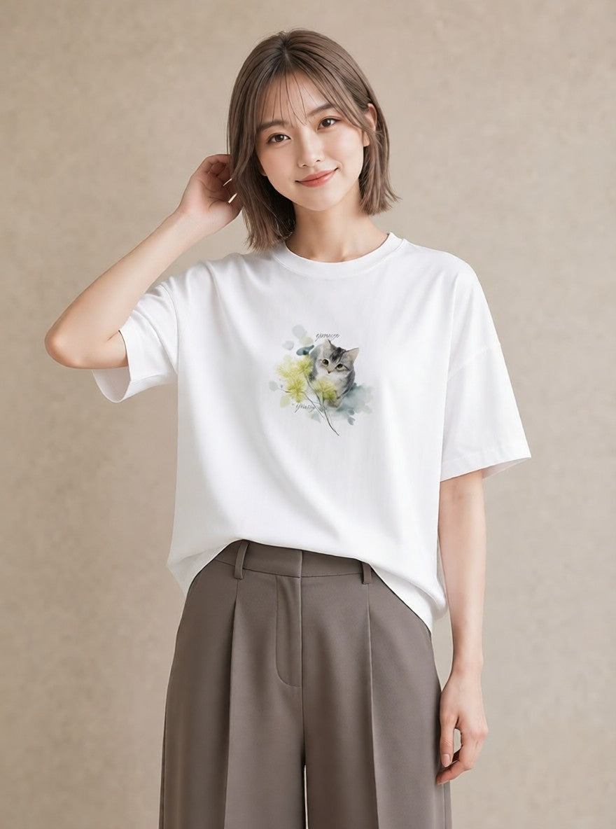 半袖Tシャツ レディース 愛猫 猫 ねこ イラスト モード 春コーデ 姉妹 白T